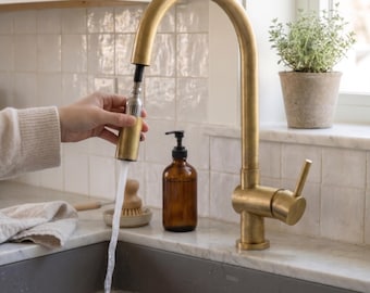 Unlacquered Brass Kitchen Faucet: High-Arc Pull-Down Sprayer .