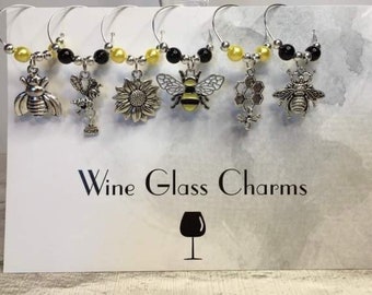 Hand Crafted Honey Bee Themed Wine Glass Charms, Bee Lover Gift, Stocking Fillers, Secret Santa, Gifts for Her