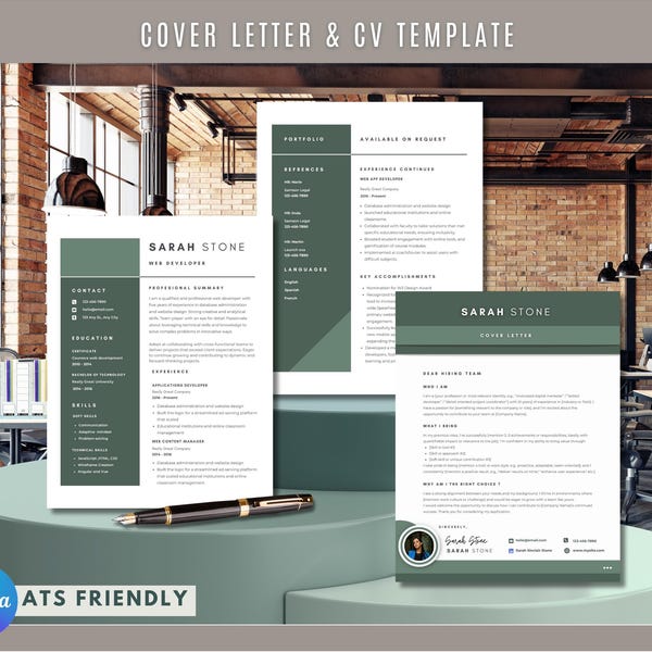Modern Resume Template: Clean CV with Cover Letter (Digital Download)