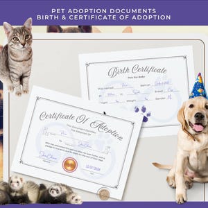 Afdrukbaar, adoptiecertificaat huisdier, certificaat van adoptie huisdier, minimalistische instant download, adoptie- en geboorteakten voor huisdieren
