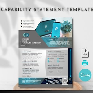 Peut inclure: Un modèle de déclaration de capacité bleu sarcelle et gris avec le texte "CAPABILITY STATEMENT TEMPLATE". Le modèle comprend des sections pour le nom de l'entreprise, les valeurs, les compétences de base et les qualifications. Un smartphone et un ordinateur portable sont visibles.