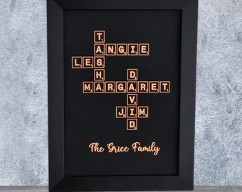 Personalised Scrabble Foil Print Custom Family Tree Name Art A4 Letter Tile Print in Gold Silver Copper Rose Gold Metallic Foil