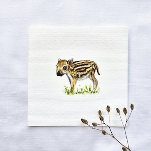 Kleiner Frischling | Miniatur Aquarell | Kunstdruck 10x10cm vom Original | Malerei Tierbabys