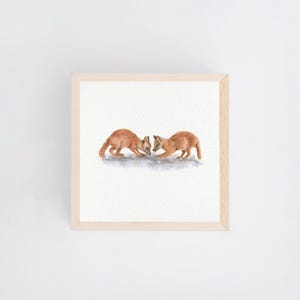 Tender Encounter - Foxes - Art Print of Original Watercolor Miniature Painting - Small Art 10 x 10 cm