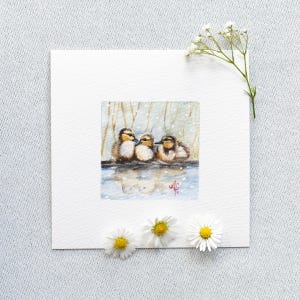 Cuddling ducks - miniature watercolor - art print 10 x 10 cm from the original - bird painting - mini watercolor small painting picture children&#39;s room wall
