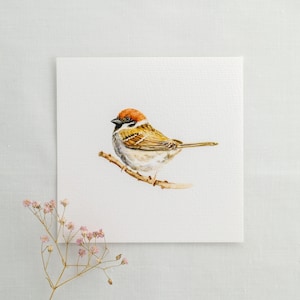 Ein kleiner Spatz auf einem Zweig -  Kunstdruck 10x10cm vom Original - Miniatur Malerei - Vögel - Mini-Gemälde Bild - Kinder-Zimmer - Wand D