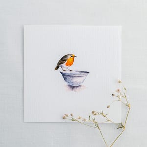Ein Rotkehlchen zu Besuch -  Kunstdruck 10x10cm vom Original - Miniatur Malerei - Vögel - Mini-Gemälde Bild - Kinder - Küche  - Wand Deko