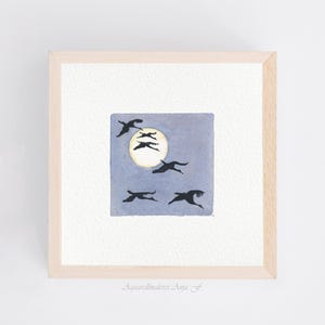 Cranes - Miniature Watercolor - Art Print 10 x 10 cm from the Original - Painting - Bird Migration - Small Painting Picture