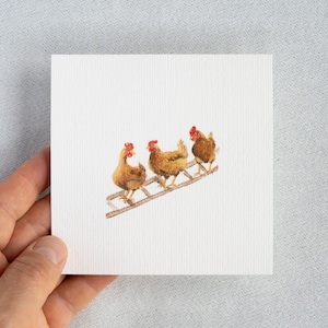 Blije kippen - miniatuur aquarel - kunstdruk 10 x 10 cm van het origineel - schilderij - vogels - klein schilderij - schilderij