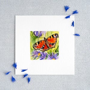 Butterfly Poetry - Peacock Butterfly - Miniature Watercolor - Art Print 10 x 10 cm from the Original - Painting - Small Picture Wall Decoration