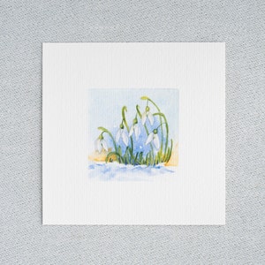 Spring Dream - Snowdrop - Art Print 10 x 10 cm from the original miniature watercolor - Birth Month January Flower - Painting - Wall Decoration
