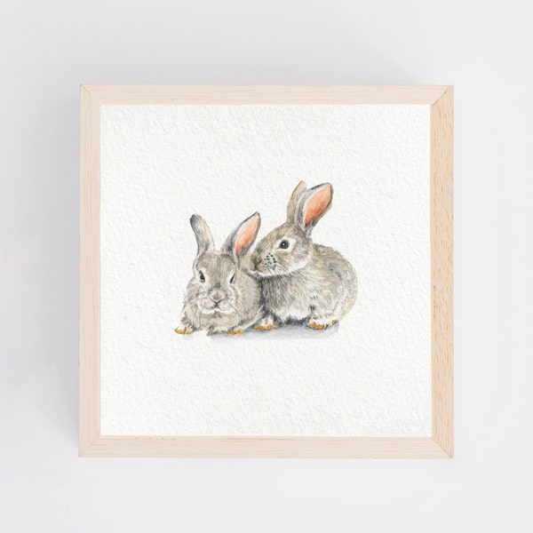 Rendezvous bunny couple - miniature art print based on original miniature watercolor painting bunnies rabbits small painting picture children's room