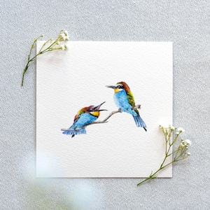 Nice conversation - Bee-eater - miniature watercolor - art print 10 x 10 cm from the original - painting - birds - small painting - picture