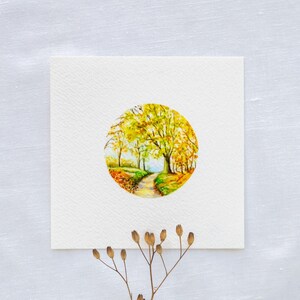 Sunny Autumn Walk | Miniature Watercolor | Art Print 10 x 10 cm | Landscape Painting | Mini Watercolor | Small Painting
