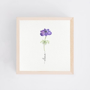 Anemone Aquarell  - personalisierte Geburtsblume mit Namen - Miniatur 10 x 10 cm Kunstdruck - Geschenk Geburtstag - März
