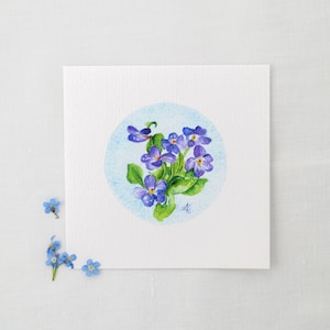 Delicate purple violets - miniature watercolor - art print 10 x 10 cm from the original - mini painting - birth month February flowers - small painting picture