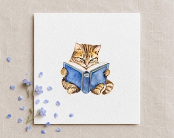 Kätzchen mit Buch - Miniatur Aquarell - Kunstdruck vom originalen Aquarell - Katze - Kinderzimmer