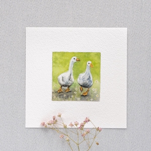 Geese with daisies - miniature watercolor - art print 10 x 10 cm from the original - painting - bird - mini painting - wall decoration