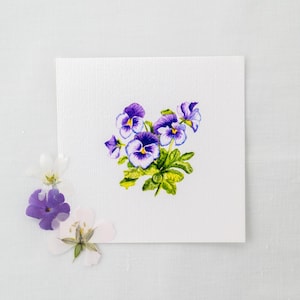Violetas com chifres - amores-perfeitos - aquarela em miniatura - impressão artística 10 x 10 cm do original - pequena pintura de flores - decoração de parede da natureza