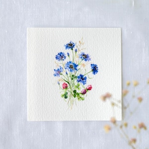 Kornblumen blauer Traum - Miniatur Aquarell – Kunstdruck 10x10cm vom Original - kleines Wild-Blumen Gemälde - Natur Wanddeko