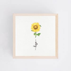 Zonnebloem aquarel - gepersonaliseerde geboortebloem met naam - miniatuur 10 x 10 cm kunstdruk - verjaardagscadeau