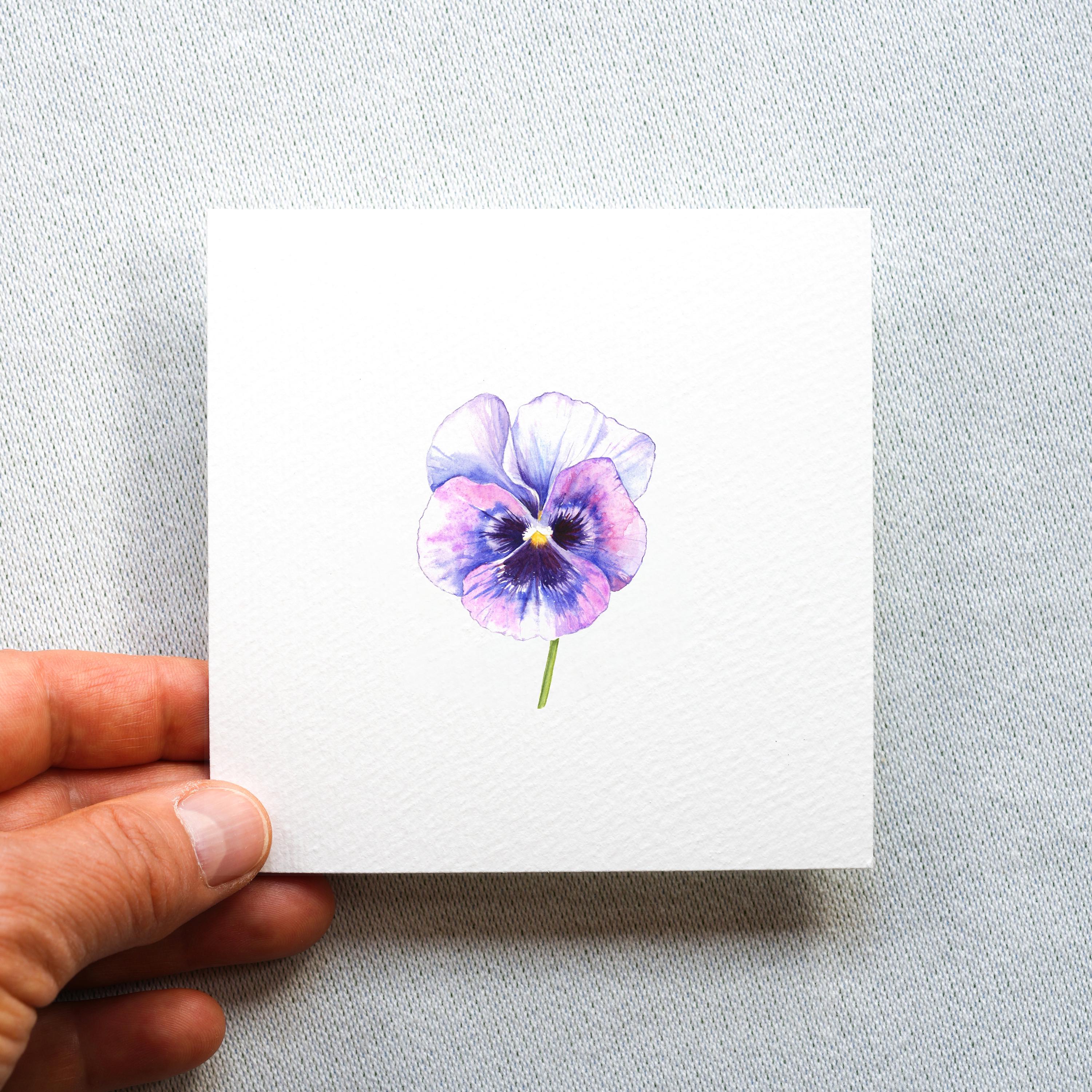 パンジー - 静かな美しさ - 水彩画アートプリント 10 x 10 cm - 壁装飾