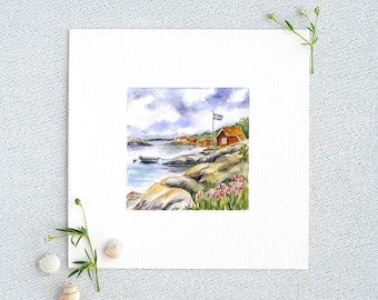 Sehnsucht nach Schweden - Aquarell Kunstdruck 10x10cm - maritimes Gemälde Wanddeko