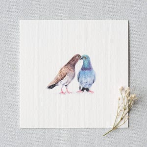 Liebeserklärung - Miniatur Aquarell –  Kunstdruck 10x10cm vom Original - Malerei Tauben - Vogel - Valentinstag - Hochzeit - Gemälde Bild