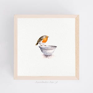 A Robin Visits - Art Print 10 x 10 cm from the Original - Miniature Painting - Birds - Mini Painting Picture - Children&#39;s - Kitchen - Wall Decor