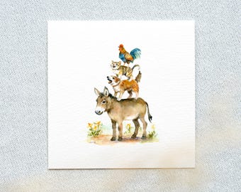 Bremer Stadtmusikanten – Miniatur Aquarell Kunstdruck vom Original 10×10 cm – Tiny Art / kleine Kunst