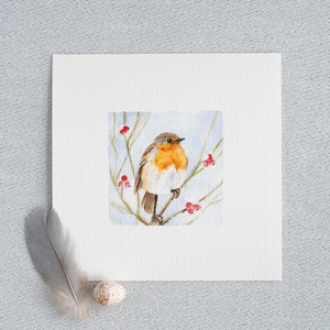 Liebliches Rotkehlchen - Kunstdruck 10x10cm vom originalen Miniatur Aquarell - Kinderzimmer - Wanddeko
