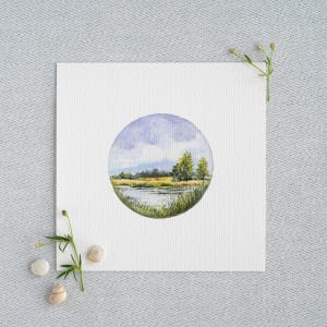 Stille Harmonie am See - Miniatur Aquarell – Kunstdruck 10x10cm vom Original - Landschaftsmalerei -  Miniaquarell - kleines Gemälde Bild