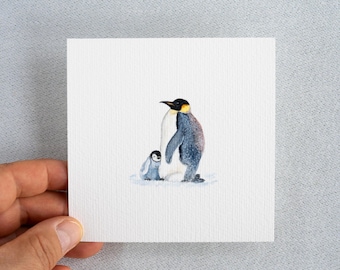 Security - Penguins - Miniature Watercolor - Art Print 10 x 10 cm from the Original - Bird Painting - Mini Watercolor - Painting - Picture - Wall Decor