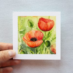 Papoulas - aquarela em miniatura - impressão artística 10 x 10 cm - papoula-do-milho - mês de nascimento agosto - pintura de flor pequena - decoração de parede da natureza