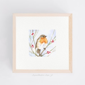 Lovely Robin - Art Print 10 x 10 cm from the original miniature watercolor - Children&#39;s Room - Wall Decoration