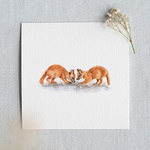 Tender Encounter - Foxes - Miniature Watercolor - Art Print 10 x 10 cm from the Original - Animal Painting