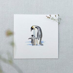 Kleine Pinguin Familie  - Miniatur Aquarell – Kunstdruck 10x10cm vom Original - Malerei - Vogel - Mini Gemälde - Wand Deko