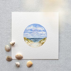 Strandidylle - Miniatur Aquarell – Kunstdruck 10x10cm vom Original - maritime Malerei - kleines Gemälde Meer Bild Strand Wanddeko