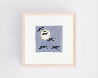 Mond und Kraniche  - Miniatur Kunstdruck nach original Miniatur Aquarell Malerei Vögel kleines Gemälde Bild