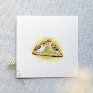 Loving sparrow mother - miniature watercolor - art print 10 x 10 cm from the original - sparrow - bird - mini watercolor - small picture - wall decoration