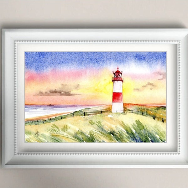 Sonnenuntergang am Meer - ORIGINAL Aquarell, Leuchtturm, Sonnenuntergang, Landschaftsmalerei, kleines Aquarell, maritimes Gemälde