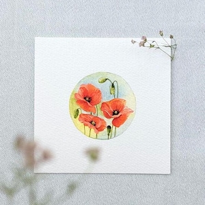 Mohnblumen - Miniatur Aquarell – Kunstdruck 10x10cm vom Original - Klatschmohn - Geburtsmonat August - kleines Blumen Gemälde - Natur Wandde