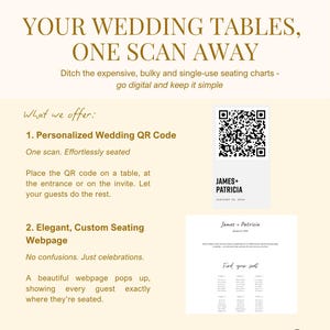 May include: A cream-coloured wedding invitation design with the text "YOUR WEDDING TABLES, ONE SCAN AWAY." Features a QR code and a sample seating chart. The text promotes digital seating solutions.
