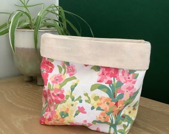 Laura Ashley Pink Stocks floral fabric storage basket, toiletries organiser, craft supplies, gift bag for treats, Birthday