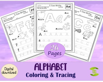 Alphabet Tracing and Coloring Worksheets, 26 Printable Alphabet Tracing sheets Upper & Lowercase ABC handwriting practice workbook for Kids