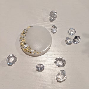 Selenite Disc with Gold Moon, Charge and Cleanse your Crystals, Calming Stone, Golden Moon, Charging Plate, Decorated Crystal, Embellished