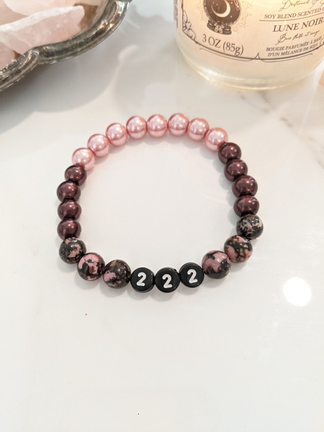 222 Angel Number Bracelet, Rhodonite, Black and Pink, Pearls, Spirit ...