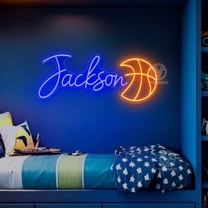 Placa de neon de basquete personalizada, placa de neon com nome personalizado para crianças, presentes para jogadores de basquete, decoração de quarto infantil neon, decoração de parede de placa de basquete