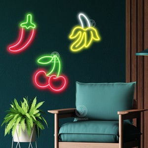Red Pepper Neon Sign, Banana Neon Sign, Cherry LED Neon Sign, Wall Decor, Fruit Neon Light For Kitchen Decor, Custom Led Light Sign