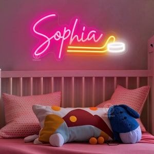 Placa de neon com nome personalizado para crianças, placa de neon de hóquei no gelo, placa de neon personalizada, decoração de quarto infantil, presente para crianças, presente de festa de aniversário